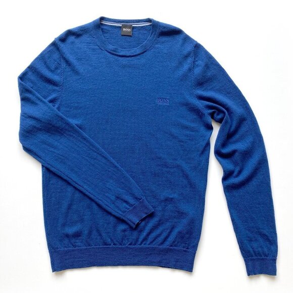 BOSS Hugo Boss 100% Wool Blue Crewneck Sweater Size S Soft Logo Preppy Classic - Picture 3 of 11
